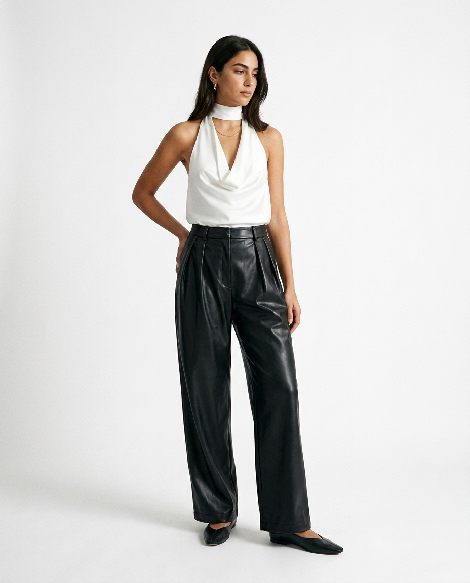 wide leg faux leather pants éternelle - on model