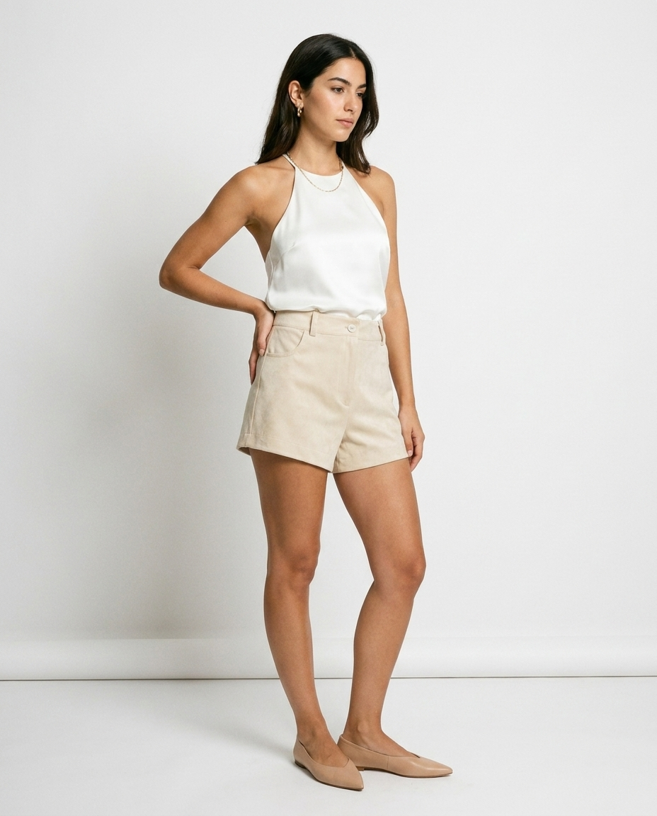 faux suede shorts éternelle - on model