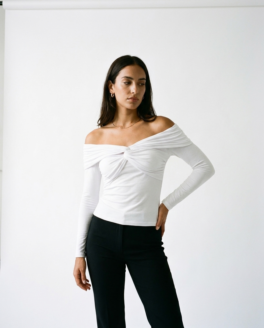 off the shoulder shirt éternelle - on model