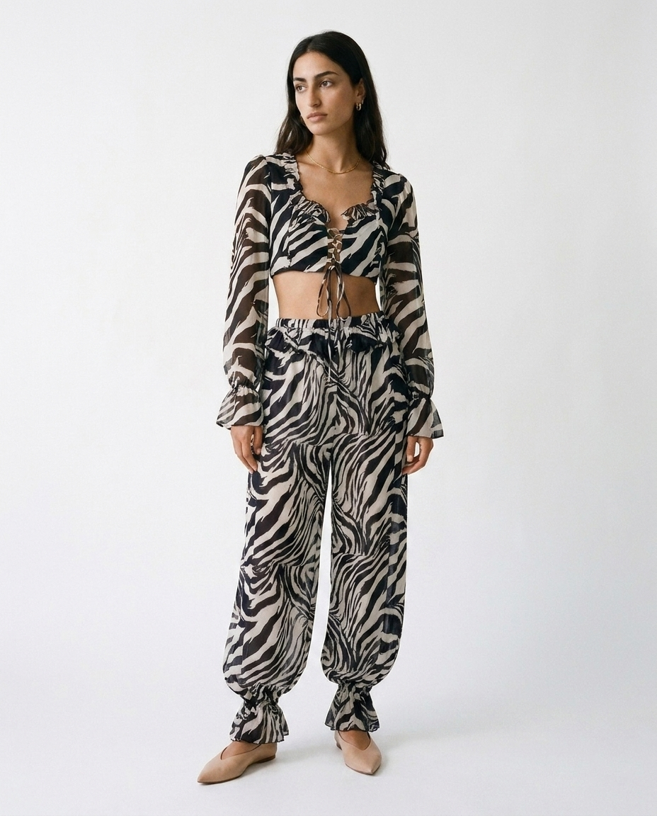 zebra print chifon balloon pants éternelle - on model