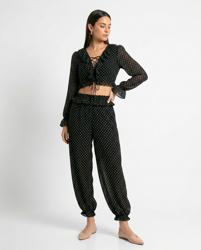 polka dot chifon balloon pants éternelle - on model